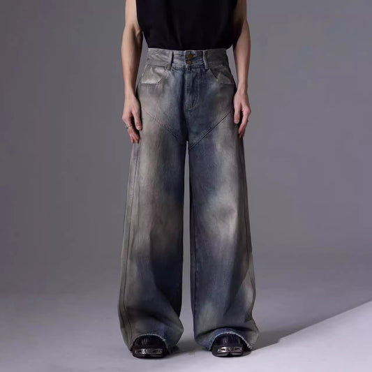 Hand-rubbed, washed-out American jeans, loose straight-leg casual design trousers