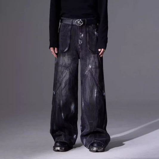 Dark style loose straight jeans, high-end hand-painted distressed washed trousers