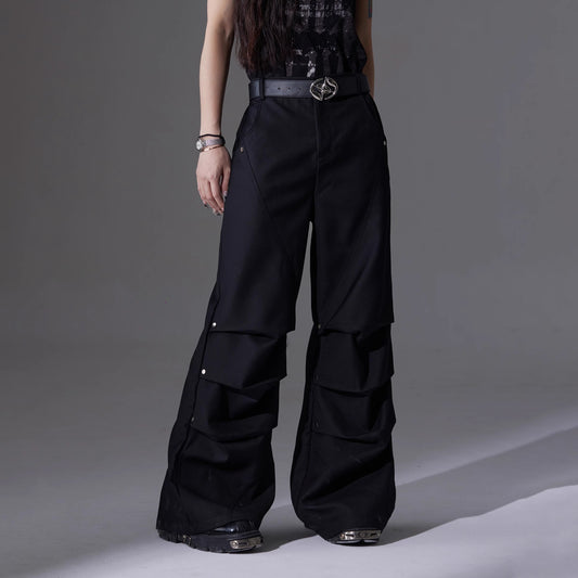6-way pleated layered rivet casual trousers, high-waisted, straight-leg tall and slim trousers, drapey trousers